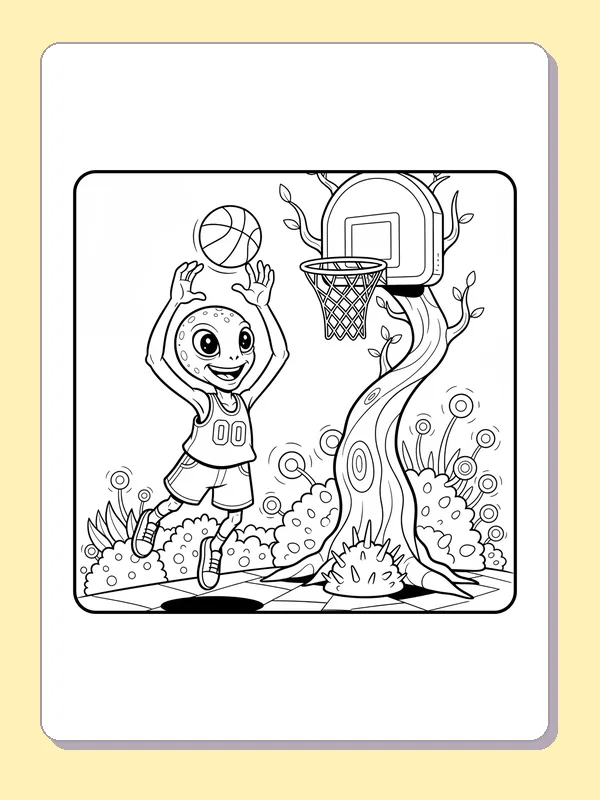 Black and white printable little alien shoots beside a curly tree coloring sheet