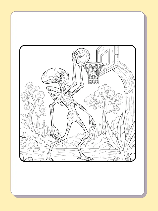 Black and white printable lizard-like alien reaches the rim coloring sheet