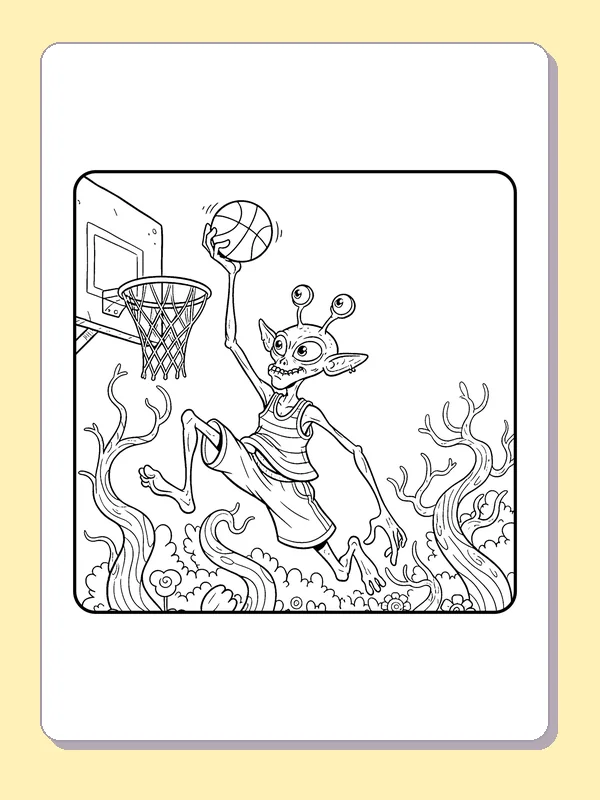 Black and white printable long-legged alien leaps for a dunk coloring sheet