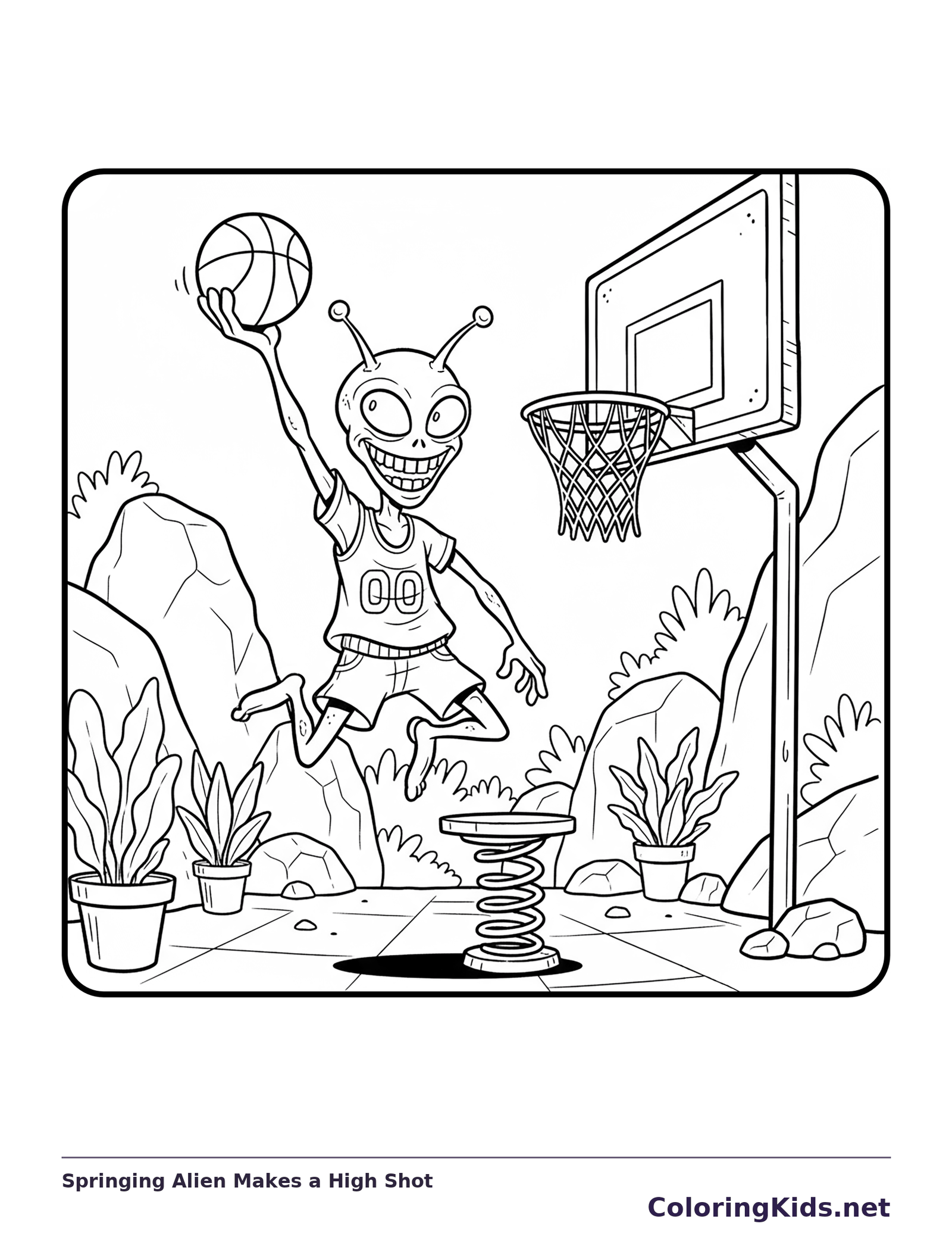 Black and white printable springing alien makes a high shot coloring sheet