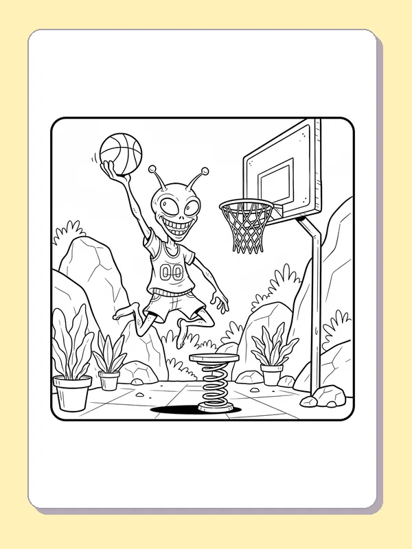 Black and white printable springing alien makes a high shot coloring sheet