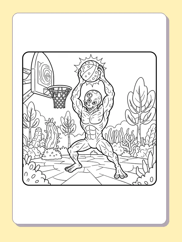 Black and white printable strong alien holds a spotted ball coloring sheet