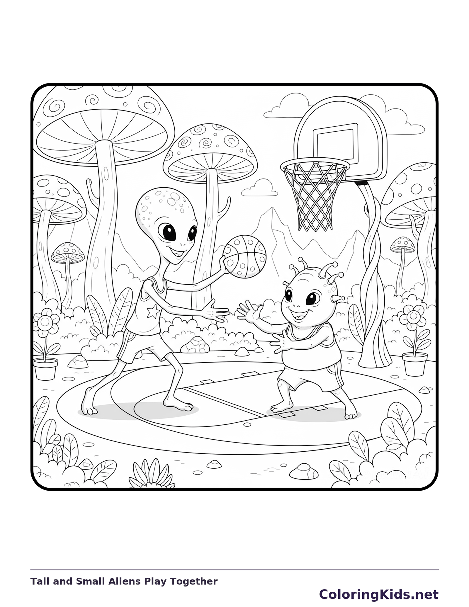 Black and white printable tall and small aliens play together coloring sheet