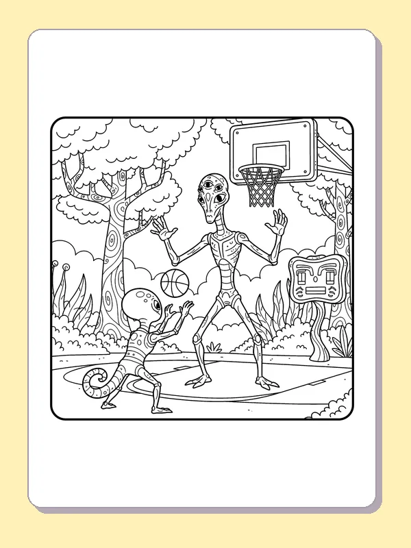 Black and white printable three alien friends play near the hoop coloring sheet