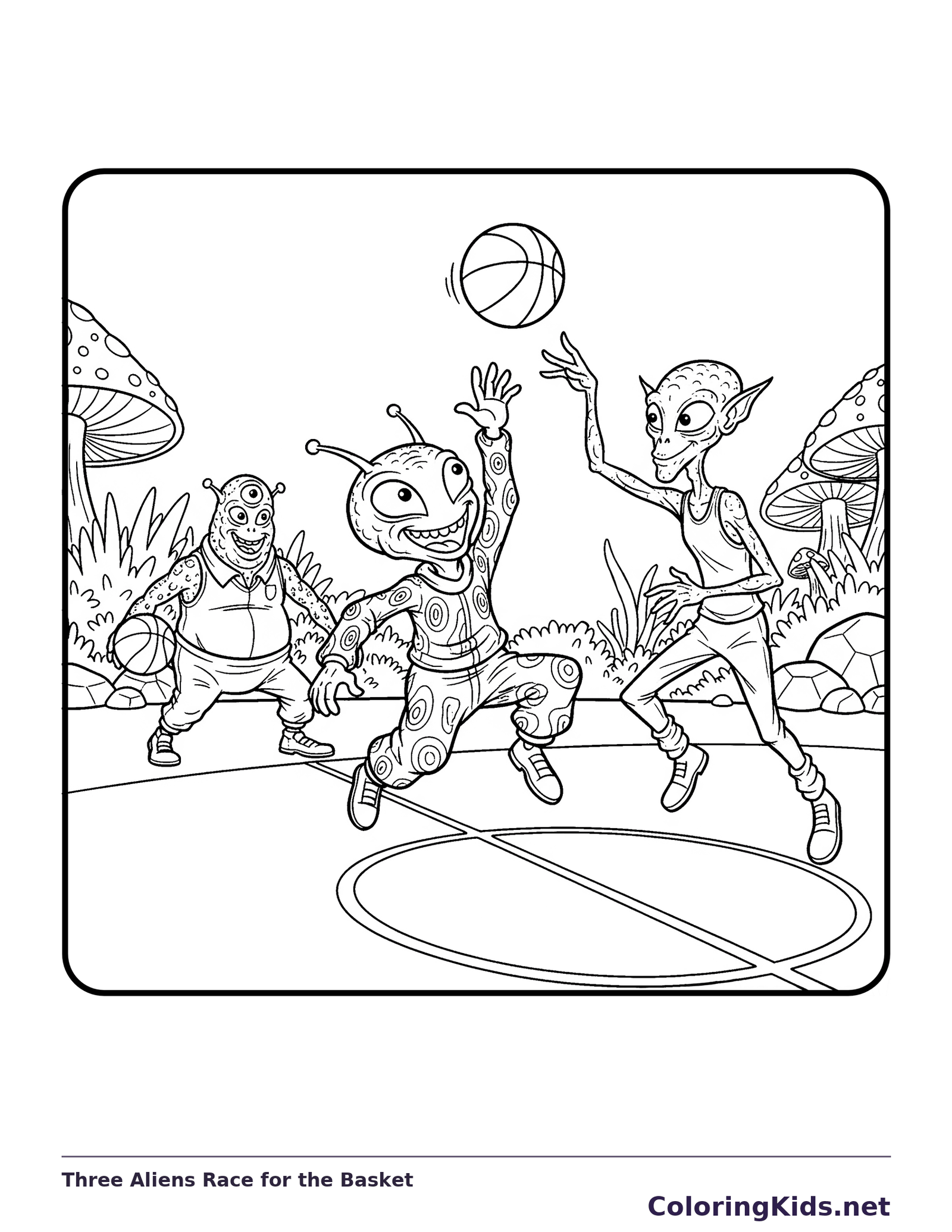 Black and white printable three aliens race for the basket coloring sheet