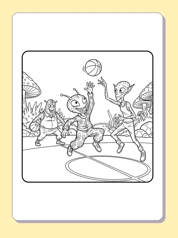 Black and white printable three aliens race for the basket coloring sheet
