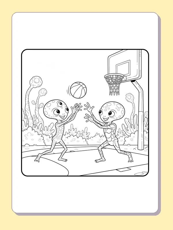 Black and white printable two aliens pass the basketball coloring sheet
