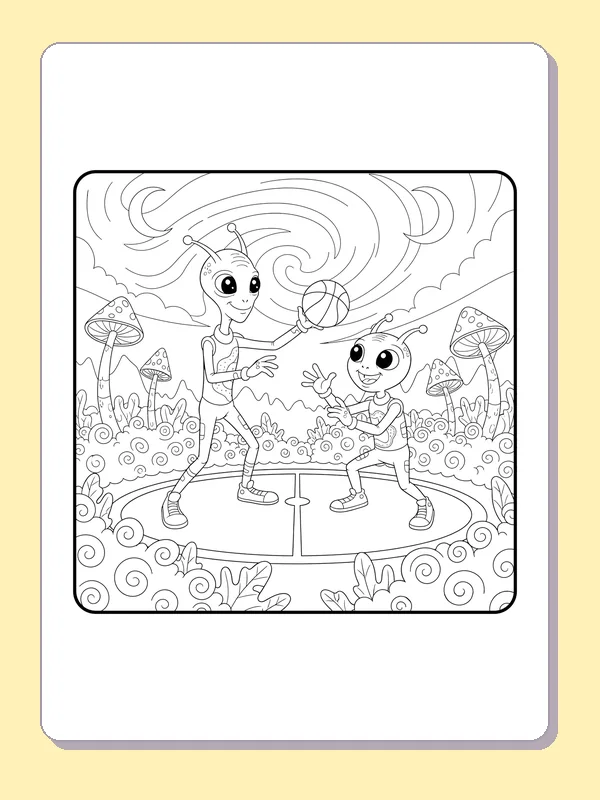 Black and white printable two aliens trade passes under swirls coloring sheet