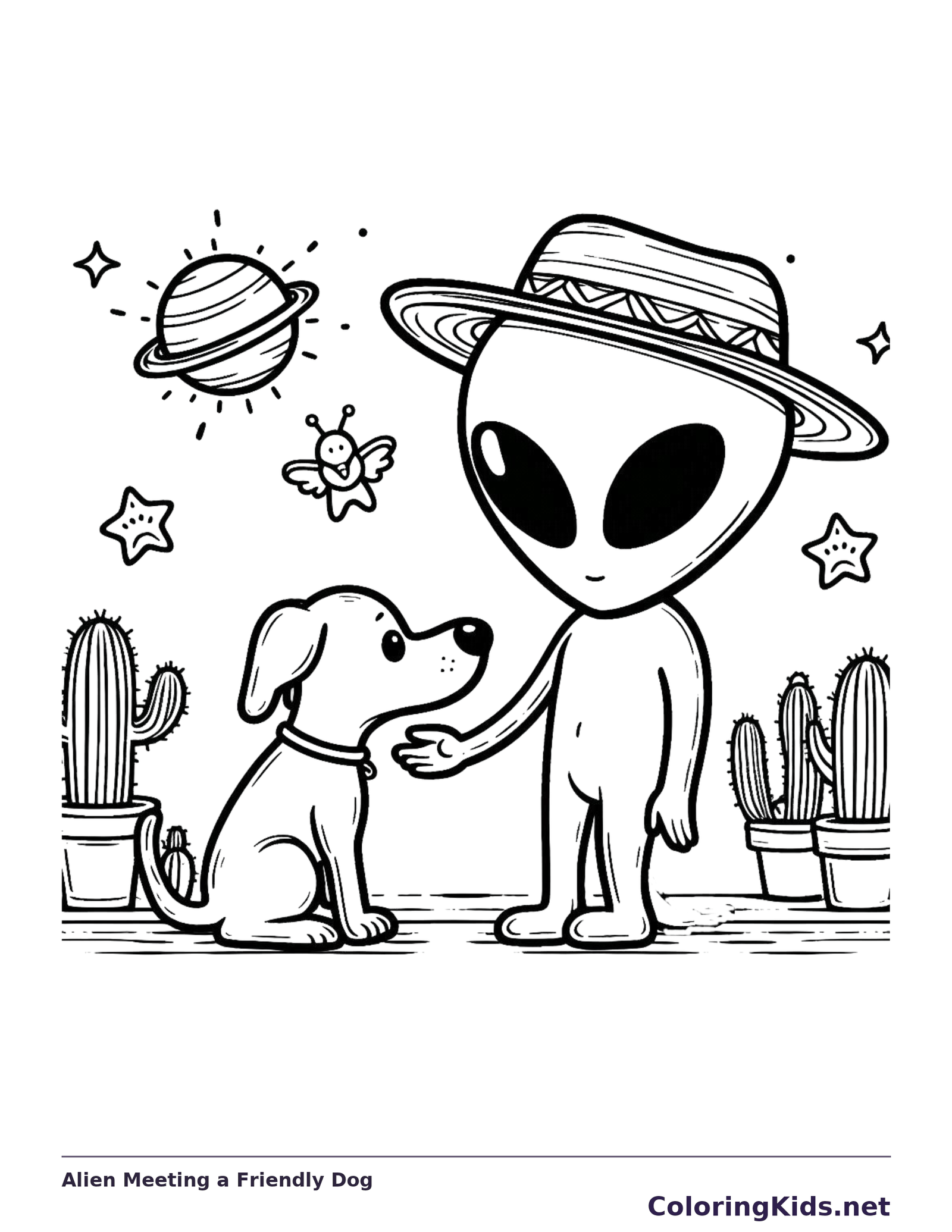 Alien in brimmed hat meeting friendly dog among cacti and planets