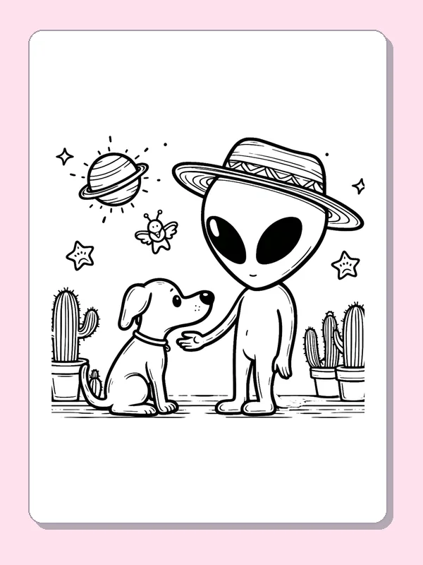 Alien in brimmed hat meeting friendly dog among cacti and planets