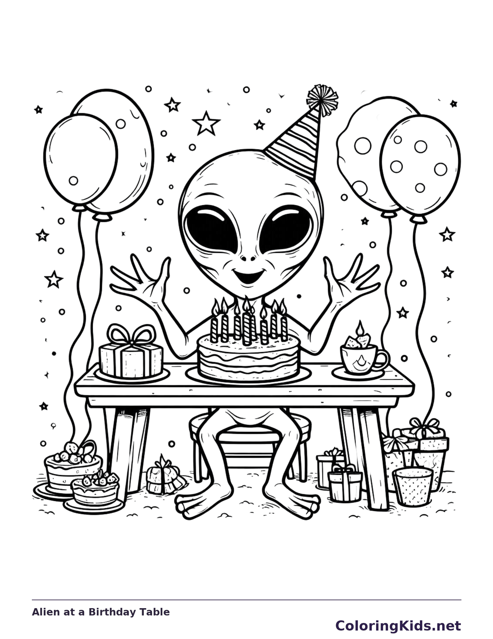 Alien celebrating at birthday table with cake, balloons, presents and sweets