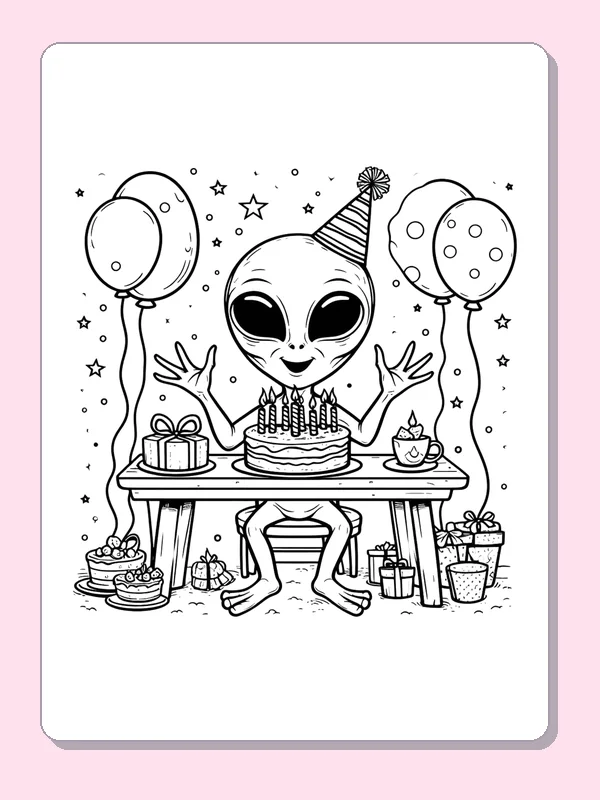 Alien celebrating at birthday table with cake, balloons, presents and sweets