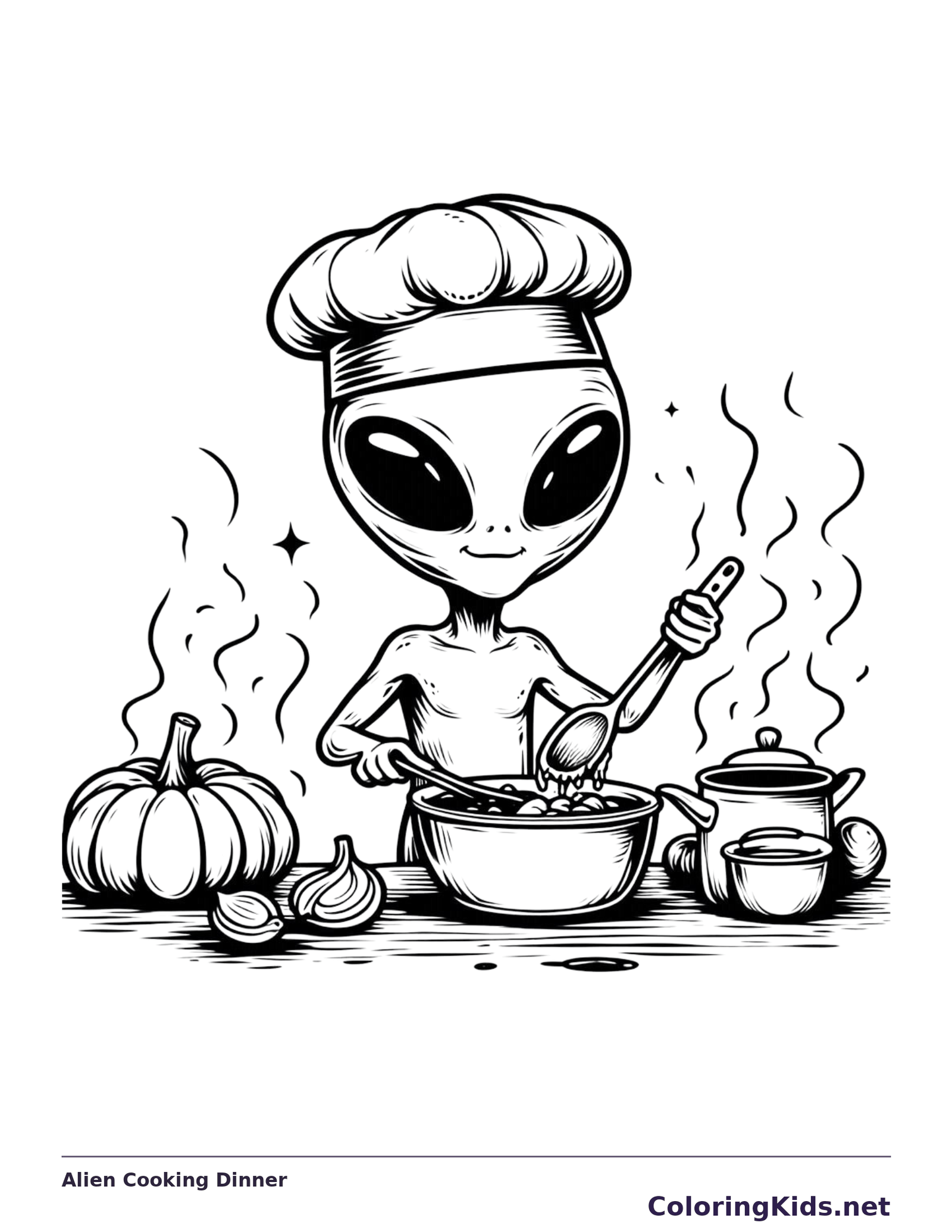 Alien chef stirring pan beside vegetables, pots and rising steam