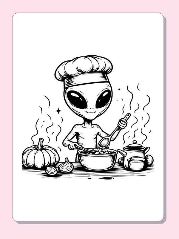 Alien chef stirring pan beside vegetables, pots and rising steam