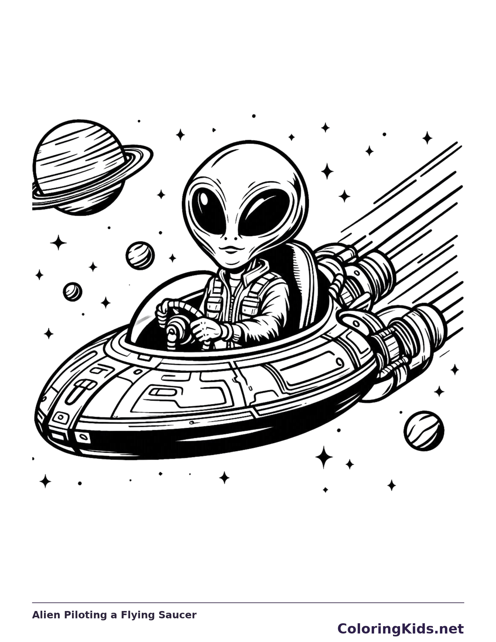 Alien pilot inside detailed flying saucer with engine trails and planets