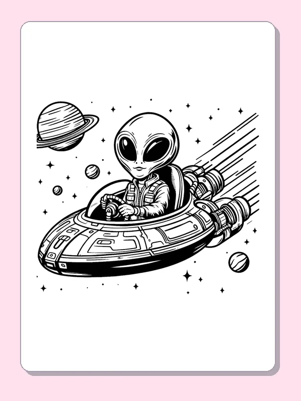 Alien pilot inside detailed flying saucer with engine trails and planets