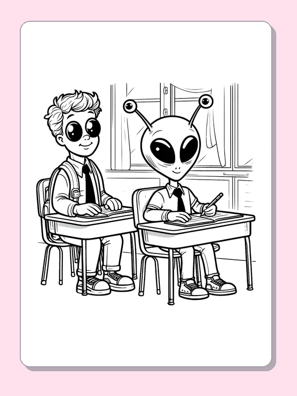 Alien student writing at desk beside classmate in classroom