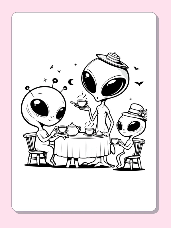 Three aliens sharing tea around table with cups and teapot