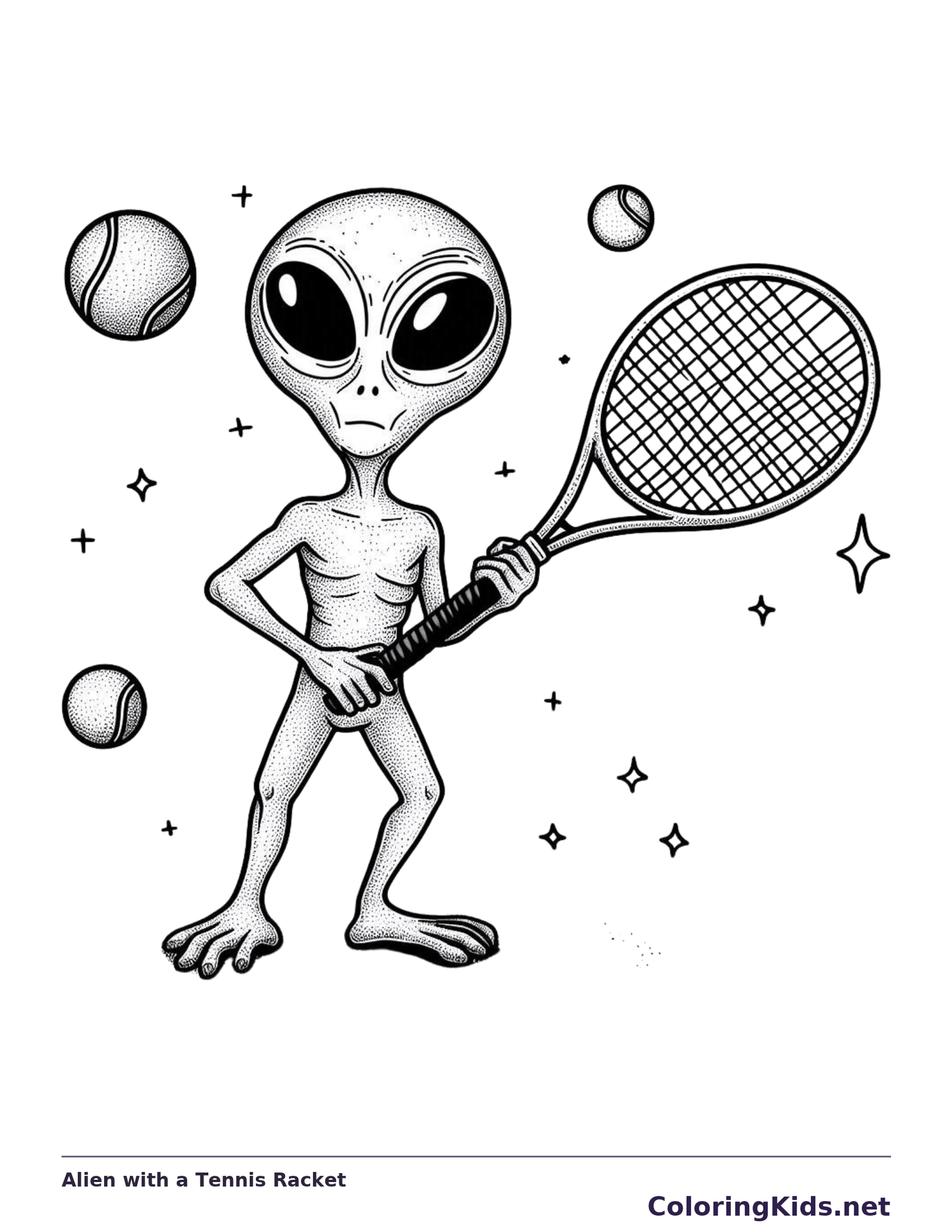 Alien tennis player holding racket with three balls and small stars