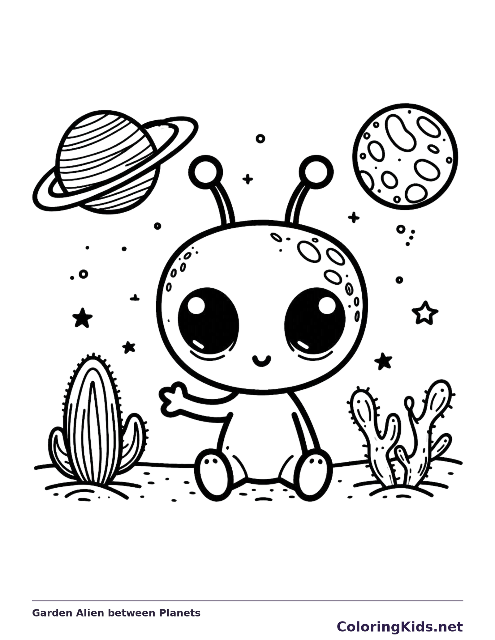 Seated big-eyed alien among cactus plants below two ringed planets