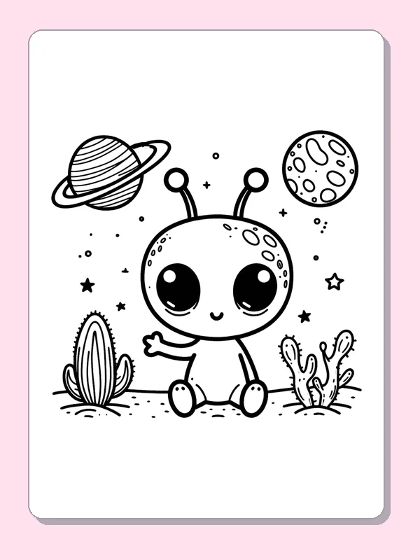 Seated big-eyed alien among cactus plants below two ringed planets