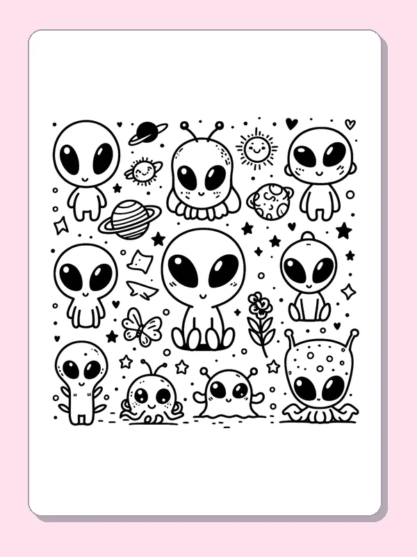 Doodle sheet full of small alien friends, planets, stars and flowers
