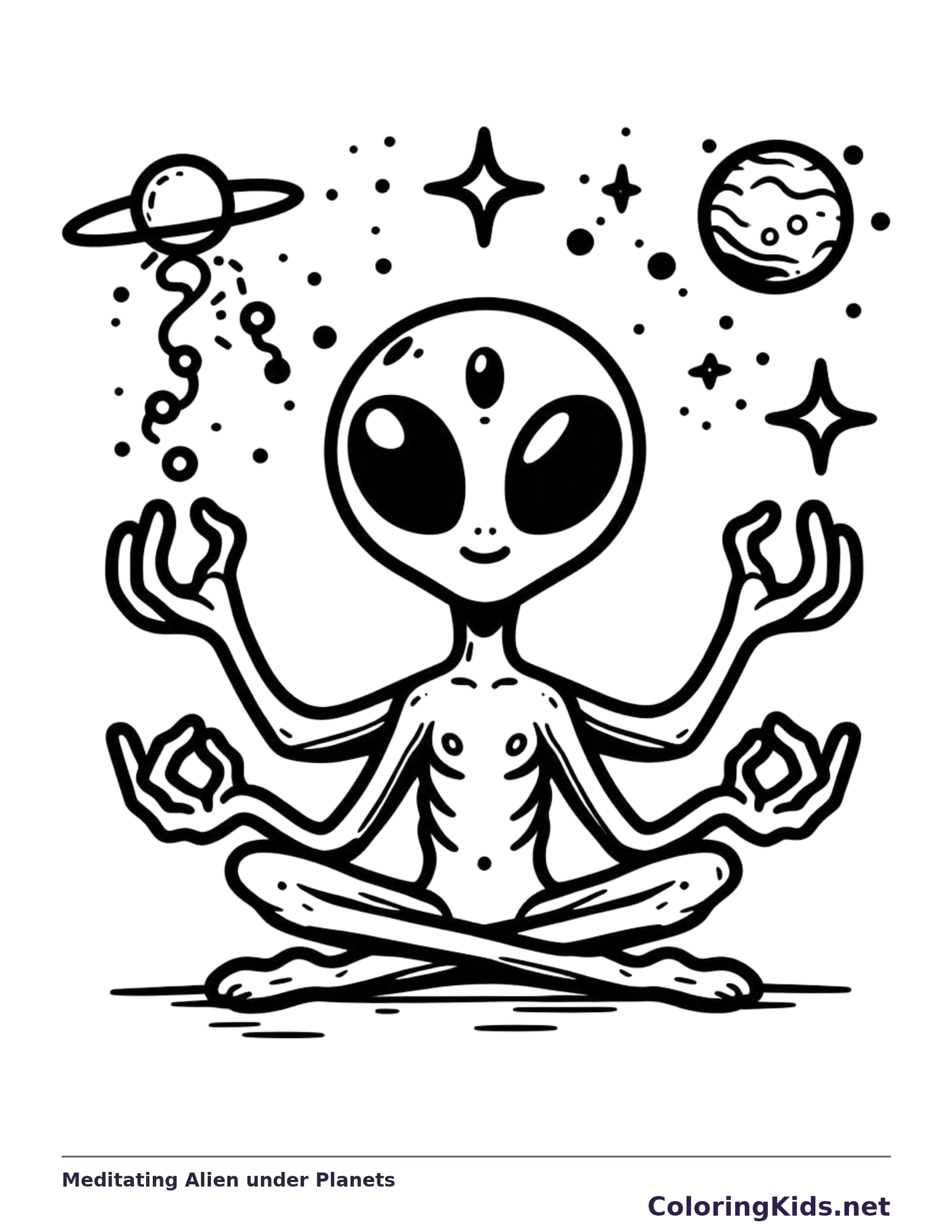 Four-armed alien meditating cross-legged under planets and stars