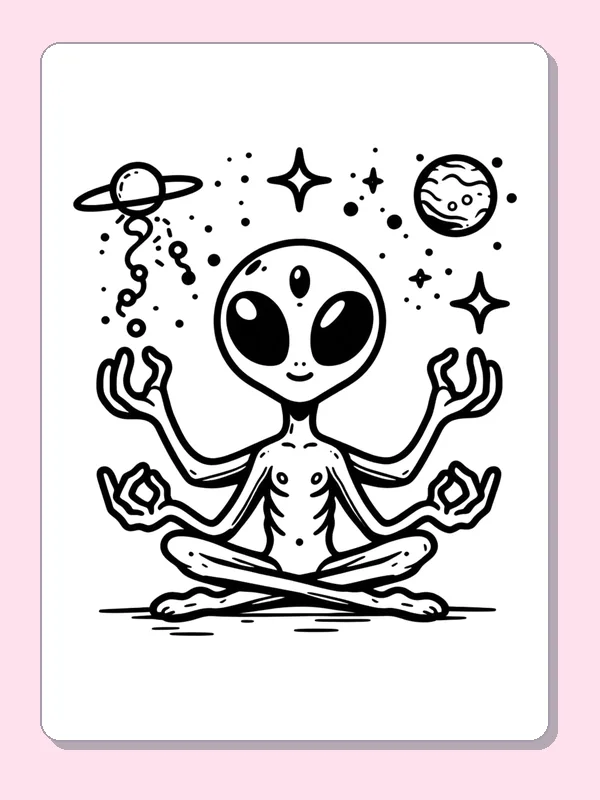 Four-armed alien meditating cross-legged under planets and stars