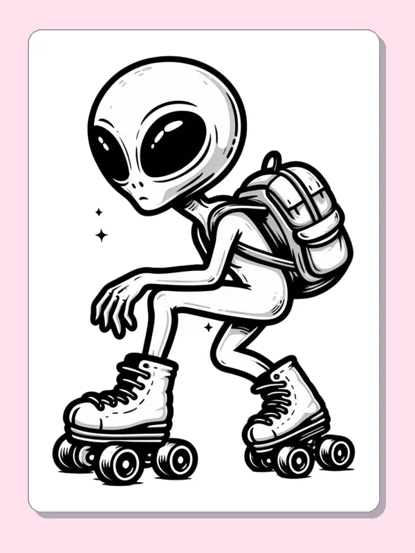Alien wearing backpack and roller skates in crouched pose
