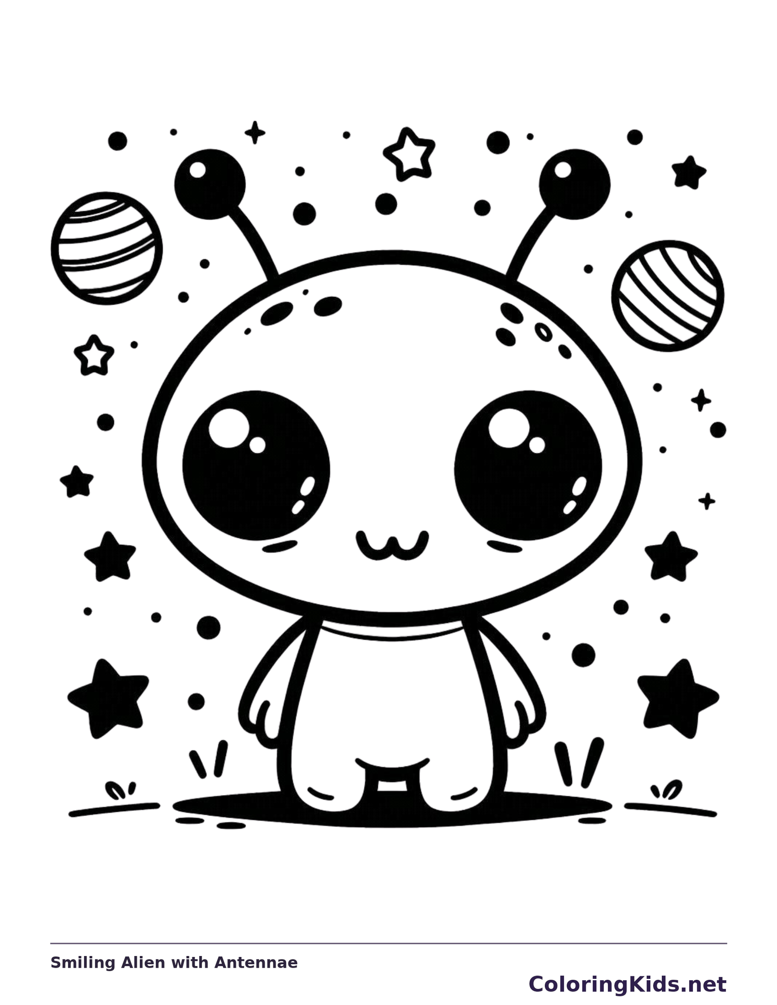 Single smiling alien with antennae below small planets and stars