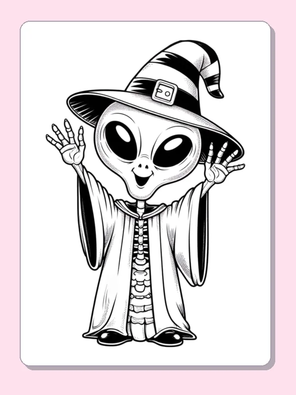Alien waving in pointed wizard hat and long trimmed robe