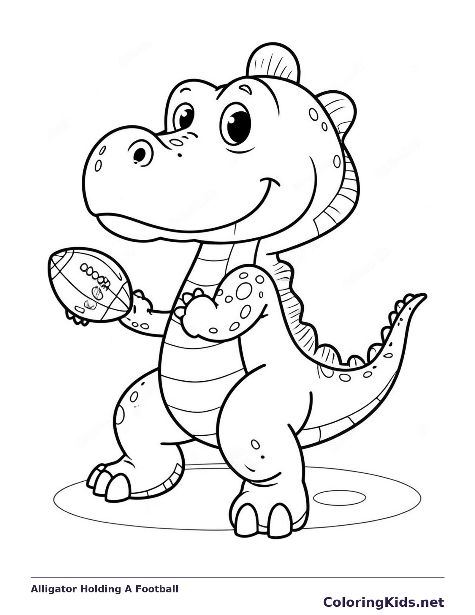 Alligator Holding A Football coloring page: black and white line art to print or color online