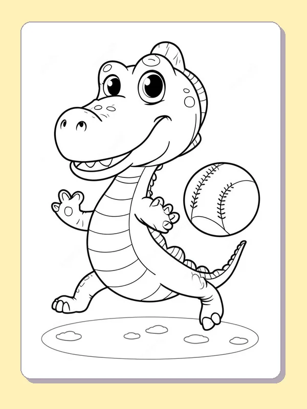 Alligator With A Baseball coloring page: black and white line art to print or color online