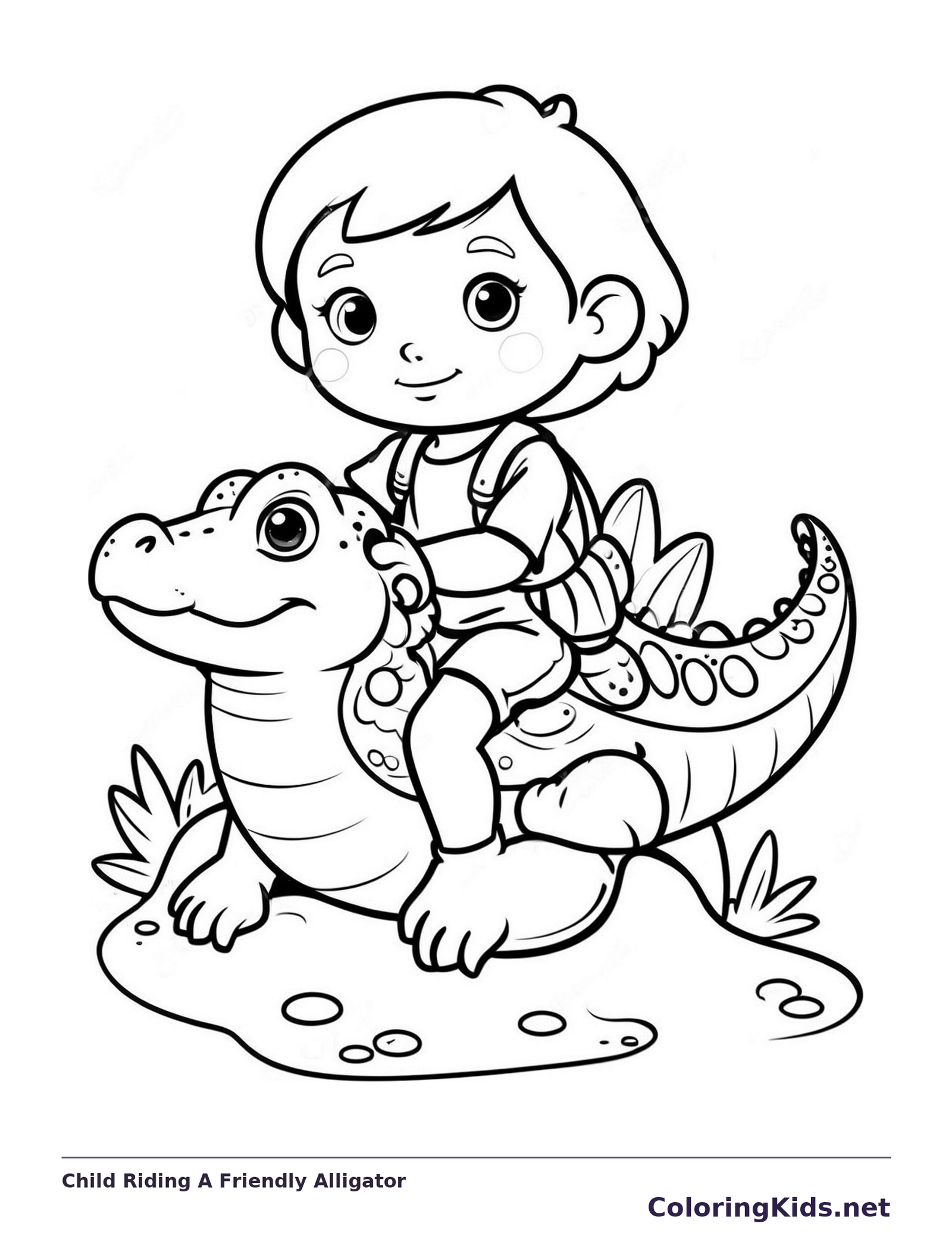 Child Riding A Friendly Alligator coloring page: black and white line art to print or color online