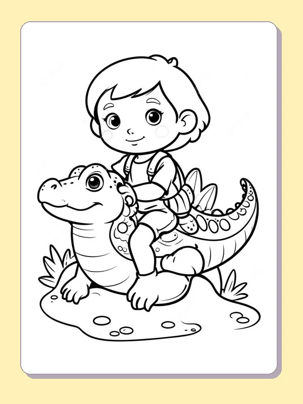 Child Riding A Friendly Alligator coloring page: black and white line art to print or color online