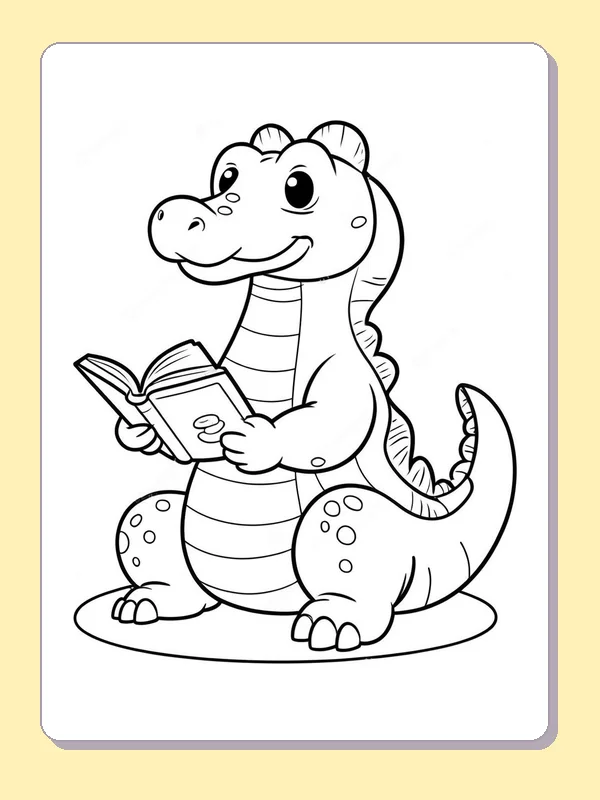 Seated Alligator With An Open Book coloring page: black and white line art to print or color online