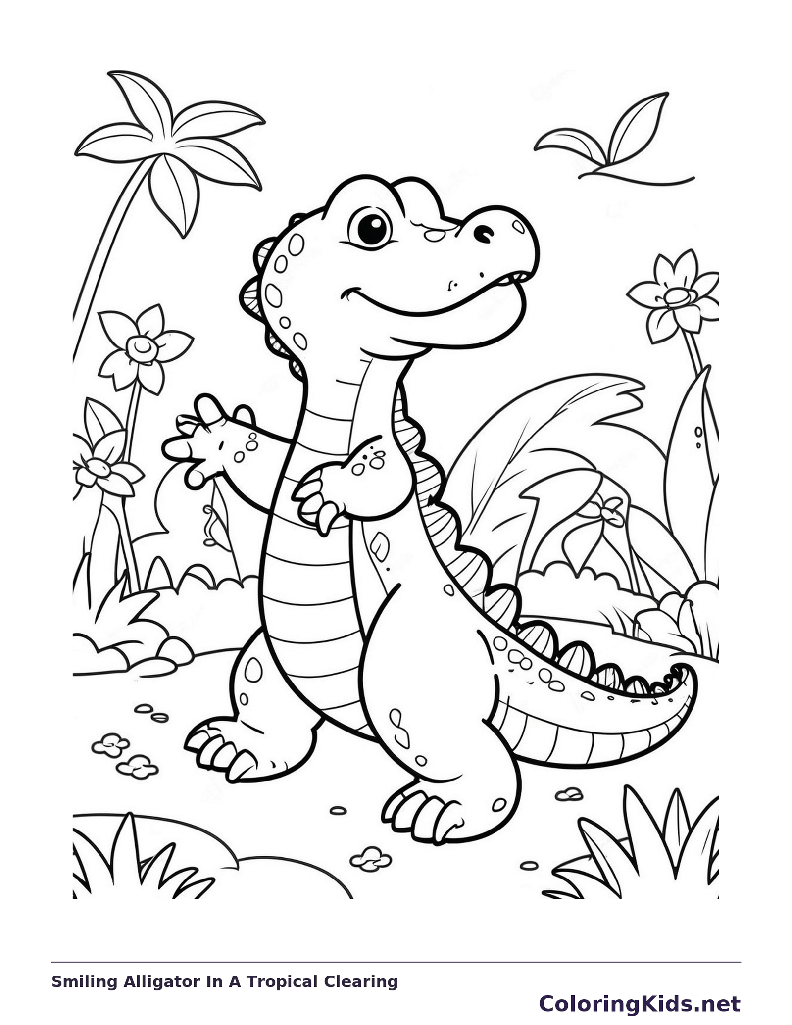 Smiling Alligator In A Tropical Clearing coloring page: black and white line art to print or color online