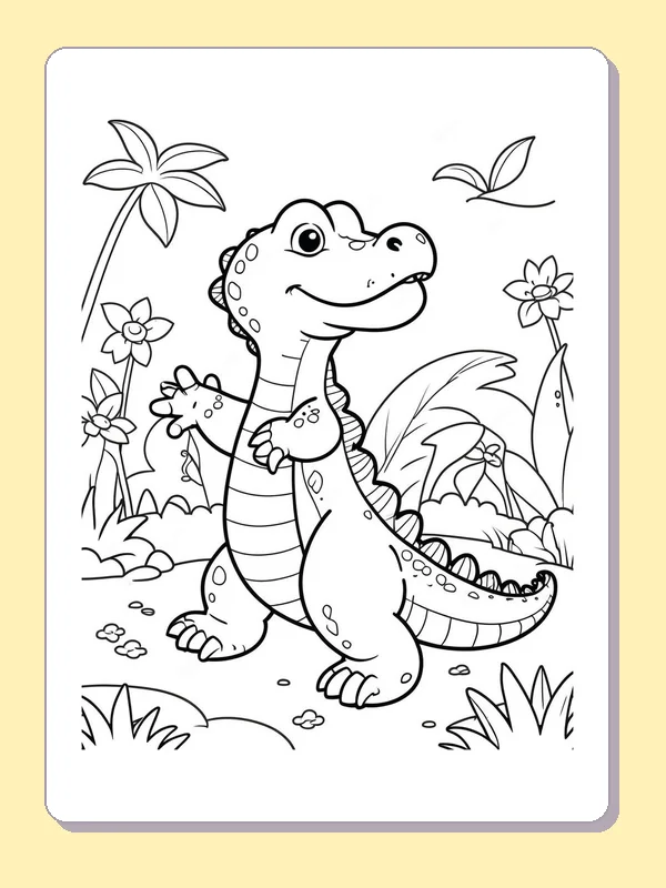 Smiling Alligator In A Tropical Clearing coloring page: black and white line art to print or color online