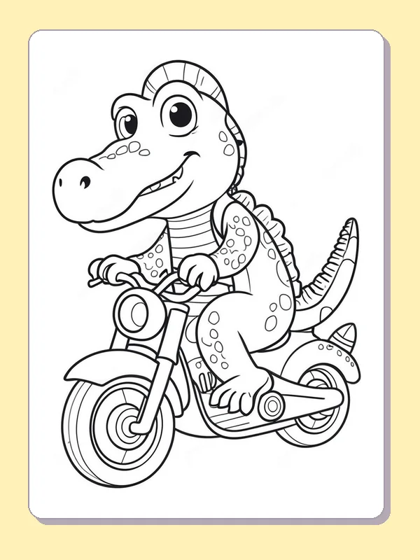 Wide-Eyed Alligator Riding A Motorbike coloring page: black and white line art to print or color online