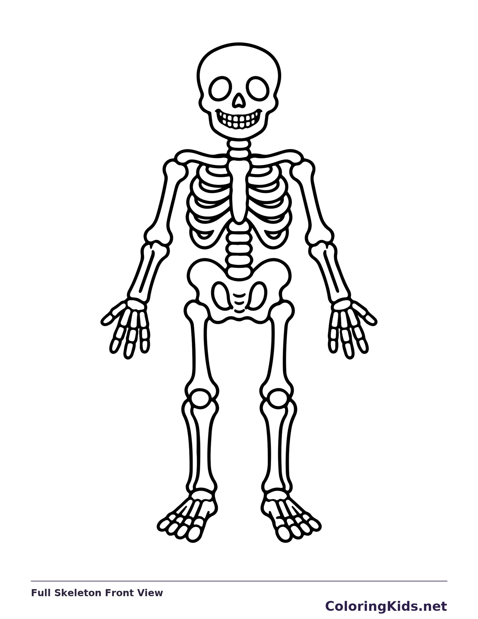 Black and white printable full skeleton front view coloring sheet