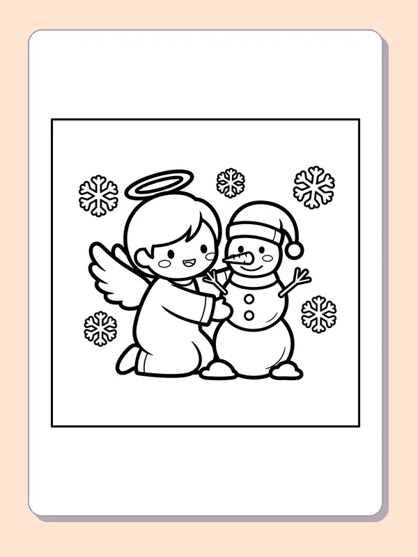 Black and white printable angel beside a snowman coloring sheet