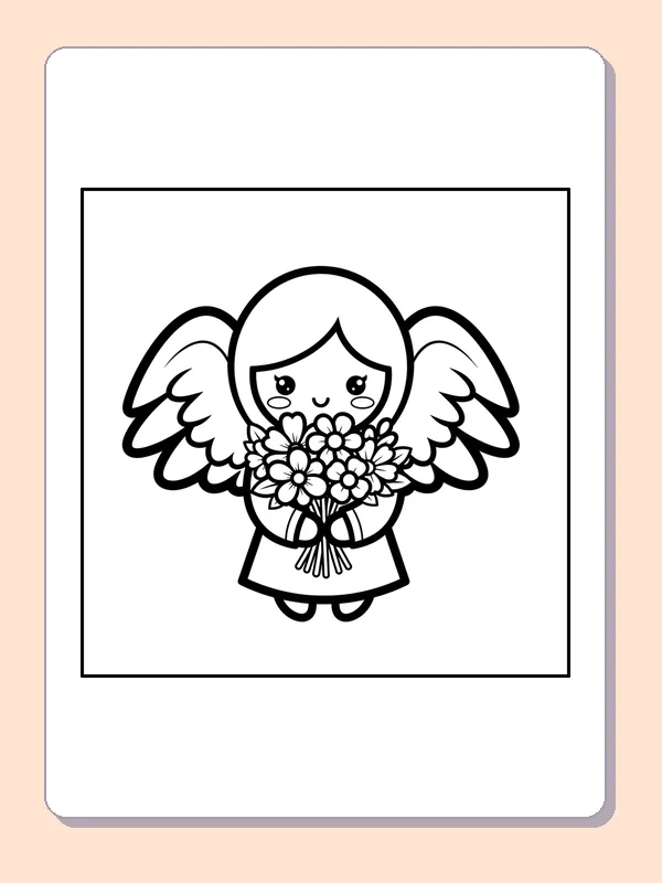 Black and white printable angel carrying a flower bouquet coloring sheet