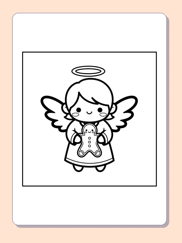 Black and white printable angel carrying a gingerbread cookie coloring sheet