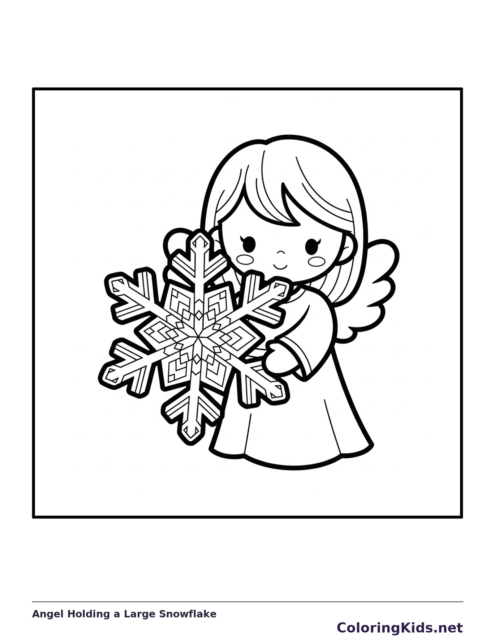 Black and white printable angel holding a large snowflake coloring sheet