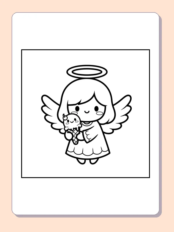 Black and white printable angel holding a teddy bear coloring sheet