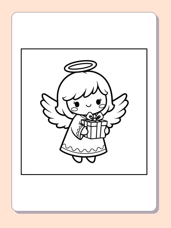 Black and white printable angel holding a wrapped gift coloring sheet