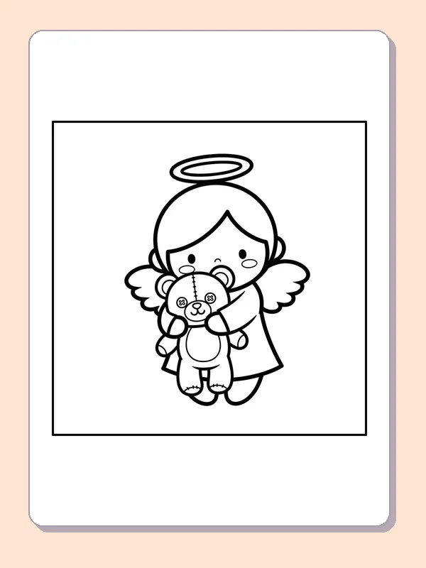 Black and white printable angel hugging a teddy bear coloring sheet