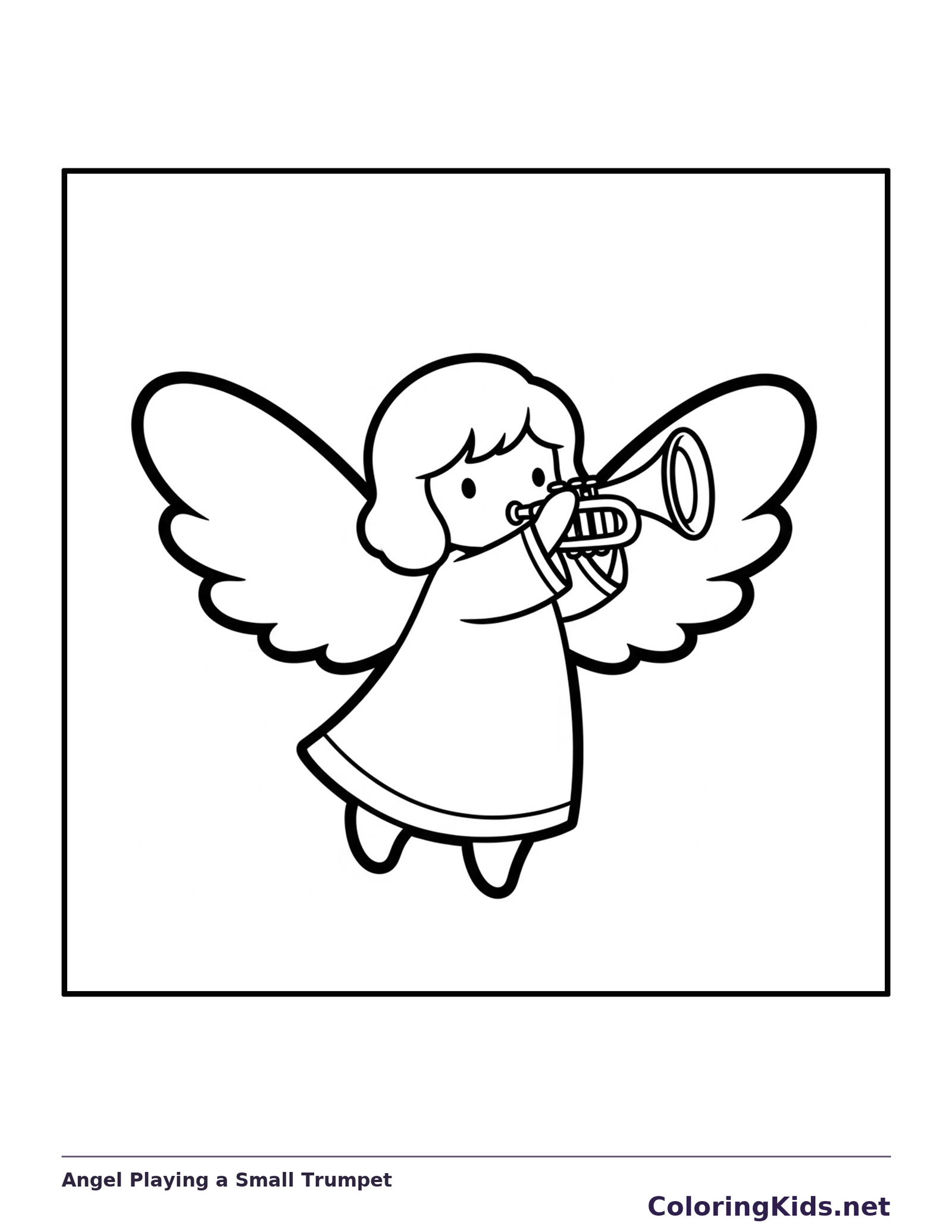Black and white printable angel playing a small trumpet coloring sheet