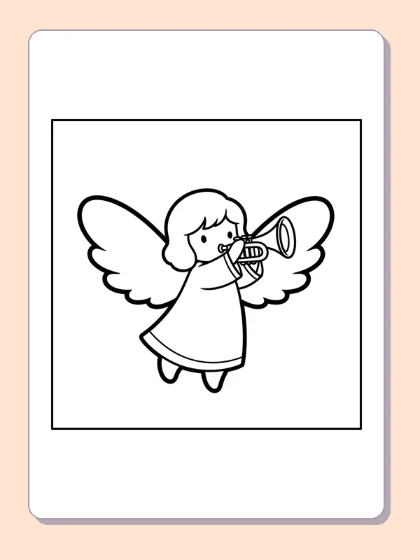 Black and white printable angel playing a small trumpet coloring sheet