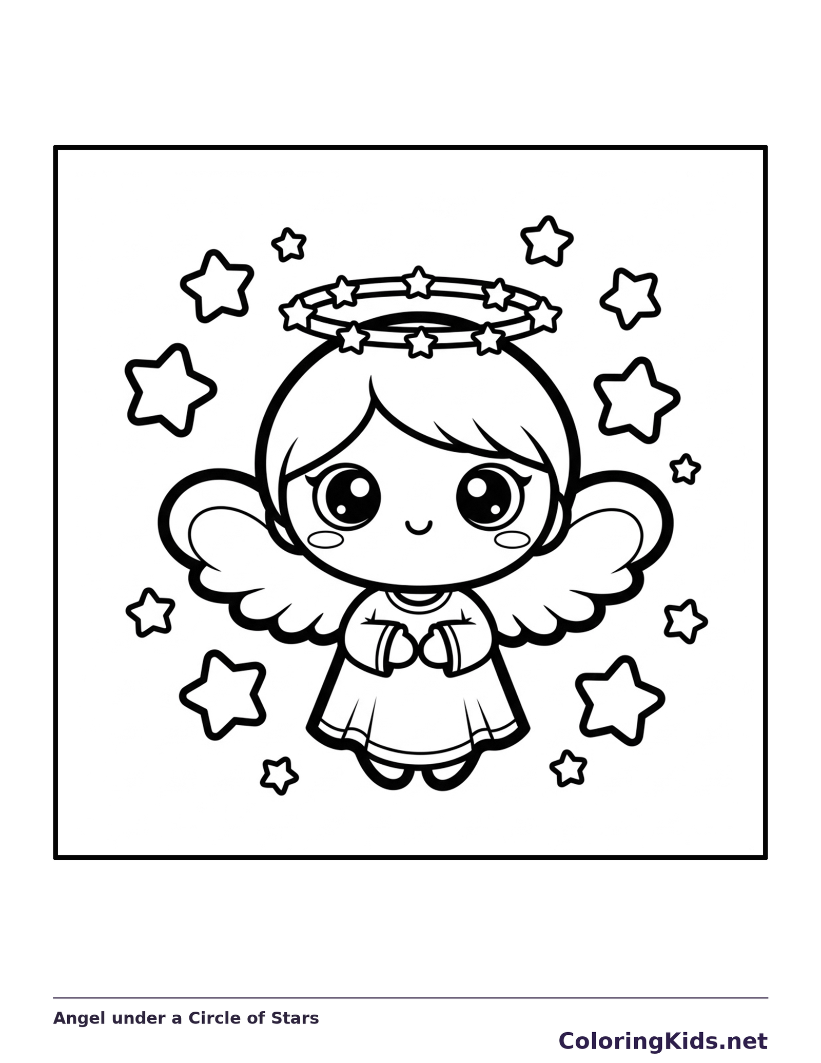 Black and white printable angel under a circle of stars coloring sheet